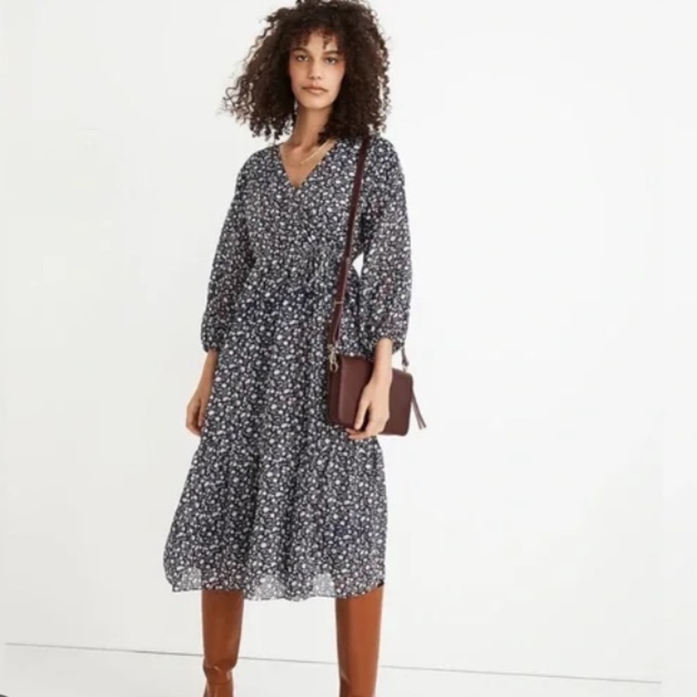 New Madewell Floral Tie Waist Midi Dress Harvest Vine Navy Blue Washable Size L